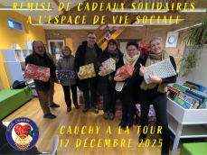 au moins de décembre, nous sommes fier d'avoir apporter 25 cadeaux solidaires à l'espace de vie sociale de la ville de cauchy a la tour